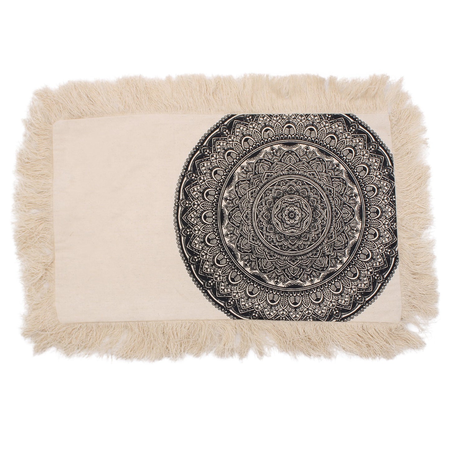 A beige rectangular placemat, featuring a black mandala design, is shown against a white background. The placemat has a frayed edge.