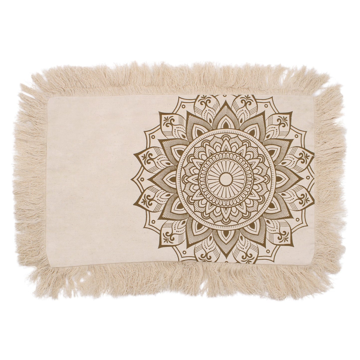 A beige rectangular textile displays a brown mandala; it is fringed on all sides and lies on a white background.