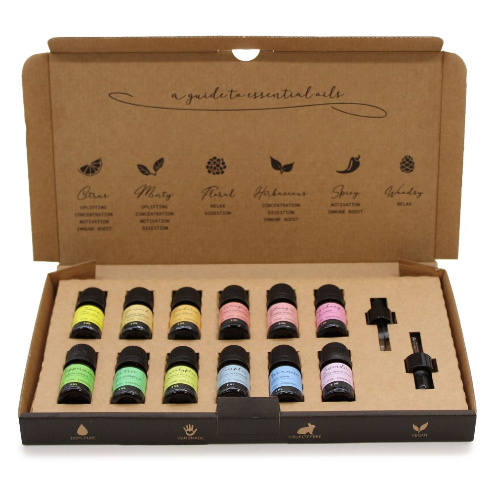 A set of essential oil bottles sit in a cardboard box that reads "a guide to essential oils" and lists associated scents. In the set are “Citrus, Minty, Floral, Herbaceous, Spicy, and Woodsy.” It states "100% PURE," "HANDMADE," "CRUELTY FREE," and "VEGAN."