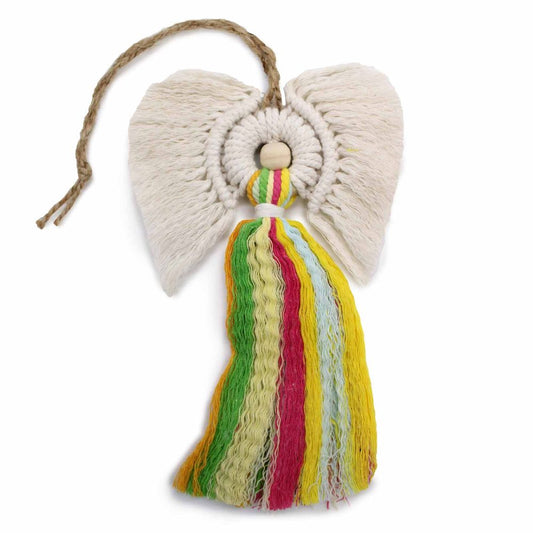 Macramé angel ornament with cream corded wings and wooden bead head, multicolored tassel body cascading in green, yellow, red and blue, hanging by a jute loop against white background.