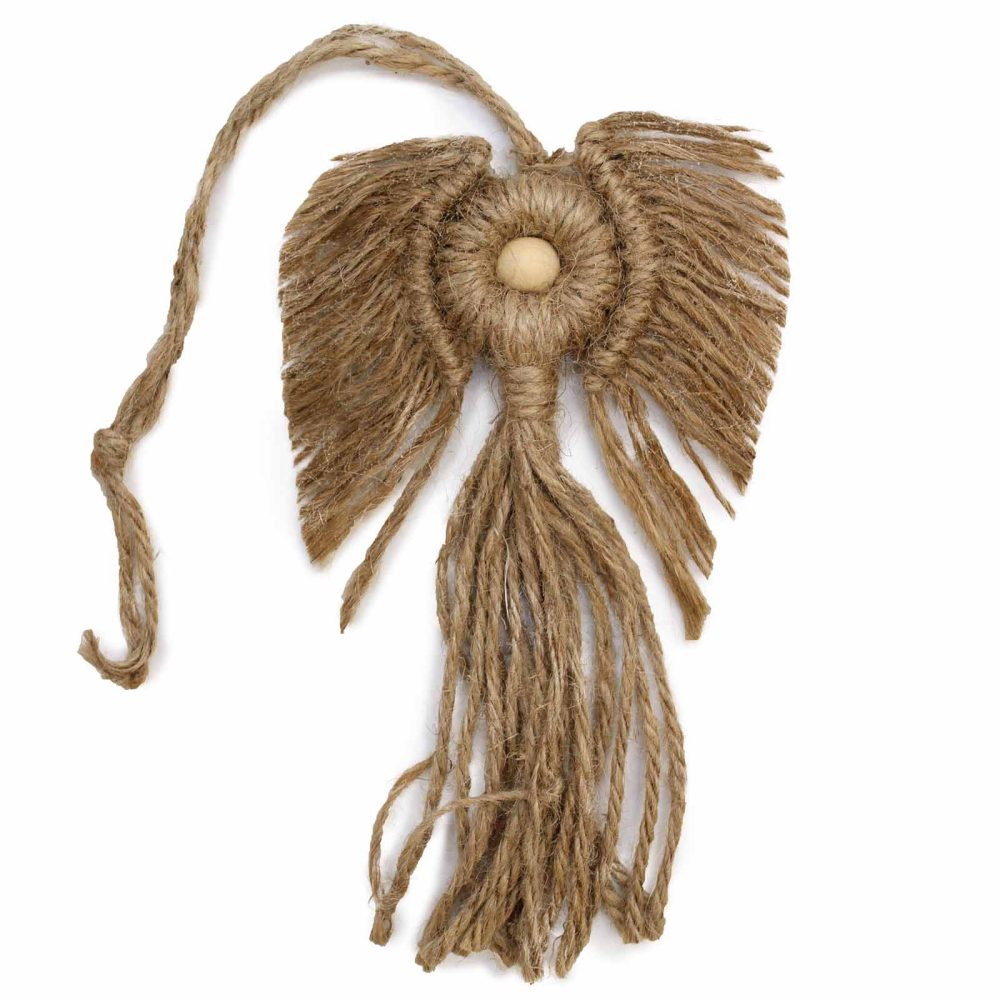 A rustic angel ornament hangs, crafted from brown jute twine and a wooden bead, against a white background. The angel features spread wings, a tassel-like dress and a string loop for hanging.