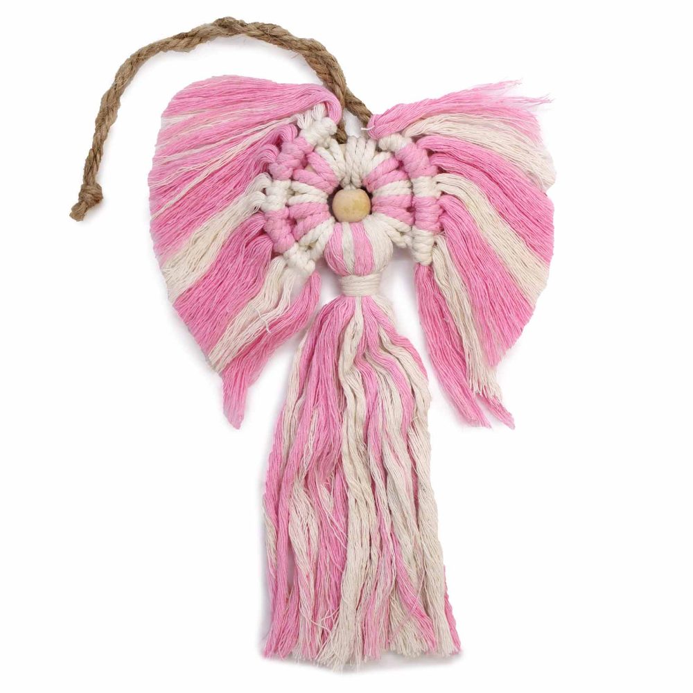 The macrame angel doll, striped in pink and cream colors, hangs by a jute cord; the angel's body ends in a tassel, all against a white background.