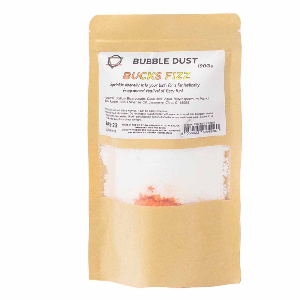 Kraft pouch of powdered bath dust sits against a white background; label reads: BUBBLE DUST 190ge, BUCKS FIZZ, Sprinkle liberally into your bath for a fantastically fragranced festival of fizzy fun! Ingredients: Sodium Bicarbonate, Citric Acid, Aqua, Butyrospermum Parkii Butter, Parfum, Citrus Sinensis Oil, Limonene, Citral, CI 15985. Product may be hard, this is normal. It can be easily broken up. Keep out of reach of children. Do not ingest. Avoid contact with eyes but should this happen rinse well with c