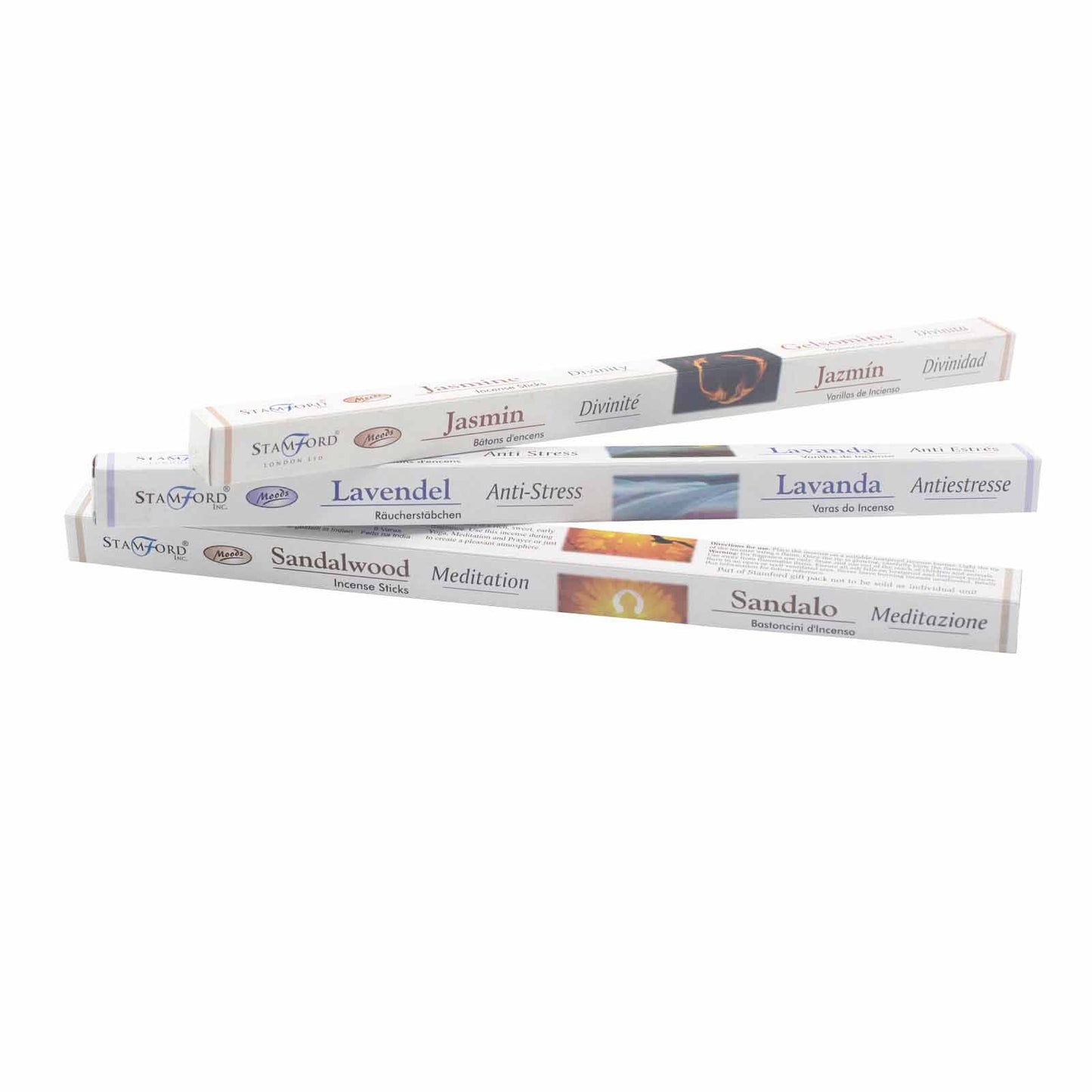 Three packages of Stamford incense sticks, labeled as Jasmin-Divinité, Lavendel-Anti-Stress, and Sandalwood-Meditation, are stacked diagonally. Each package includes multilingual descriptions of their scents.