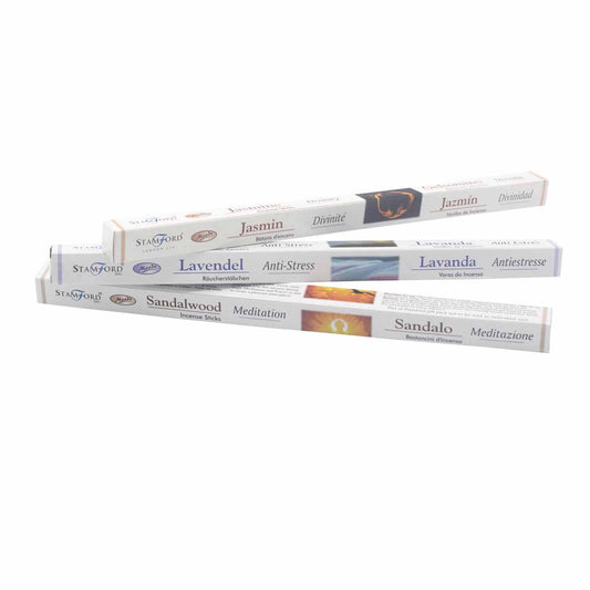Three packages of Stamford incense sticks, labeled as Jasmin-Divinité, Lavendel-Anti-Stress, and Sandalwood-Meditation, are stacked diagonally. Each package includes multilingual descriptions of their scents.