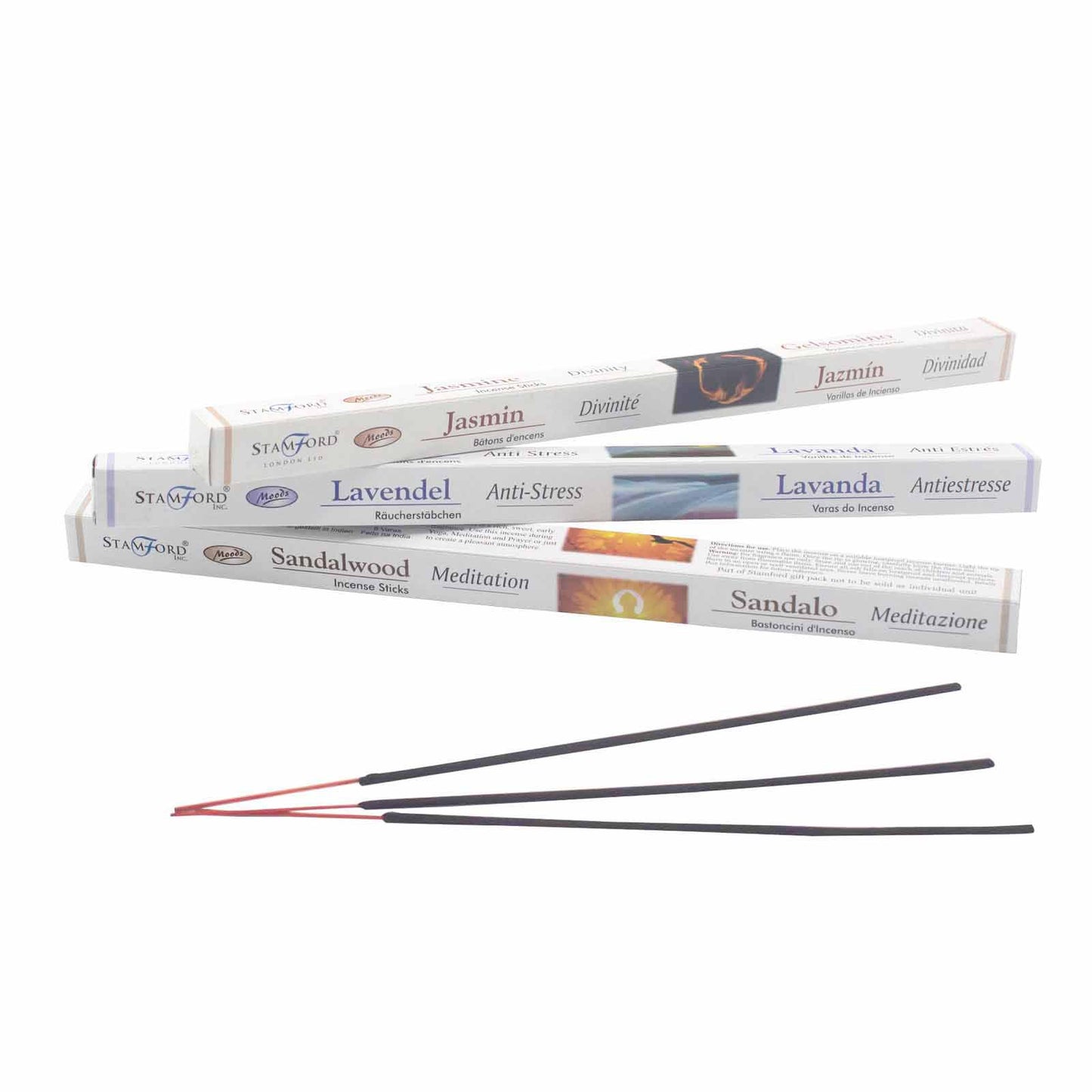 Three incense stick boxes labeled "Jasmin: Divinité," "Lavendel: Anti-Stress," and "Sandalwood: Meditation" are stacked, with three unlit incense sticks placed in front against a white background.