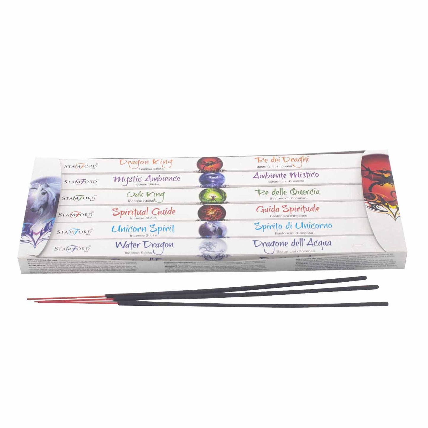 Incense sticks in packaging featuring mystical themes: "Dragon King," "Mystic Ambience," "Oak King," "Spiritual Guide," "Unicorn Spirit," and "Water Dragon," with corresponding illustrations and sticks placed below.