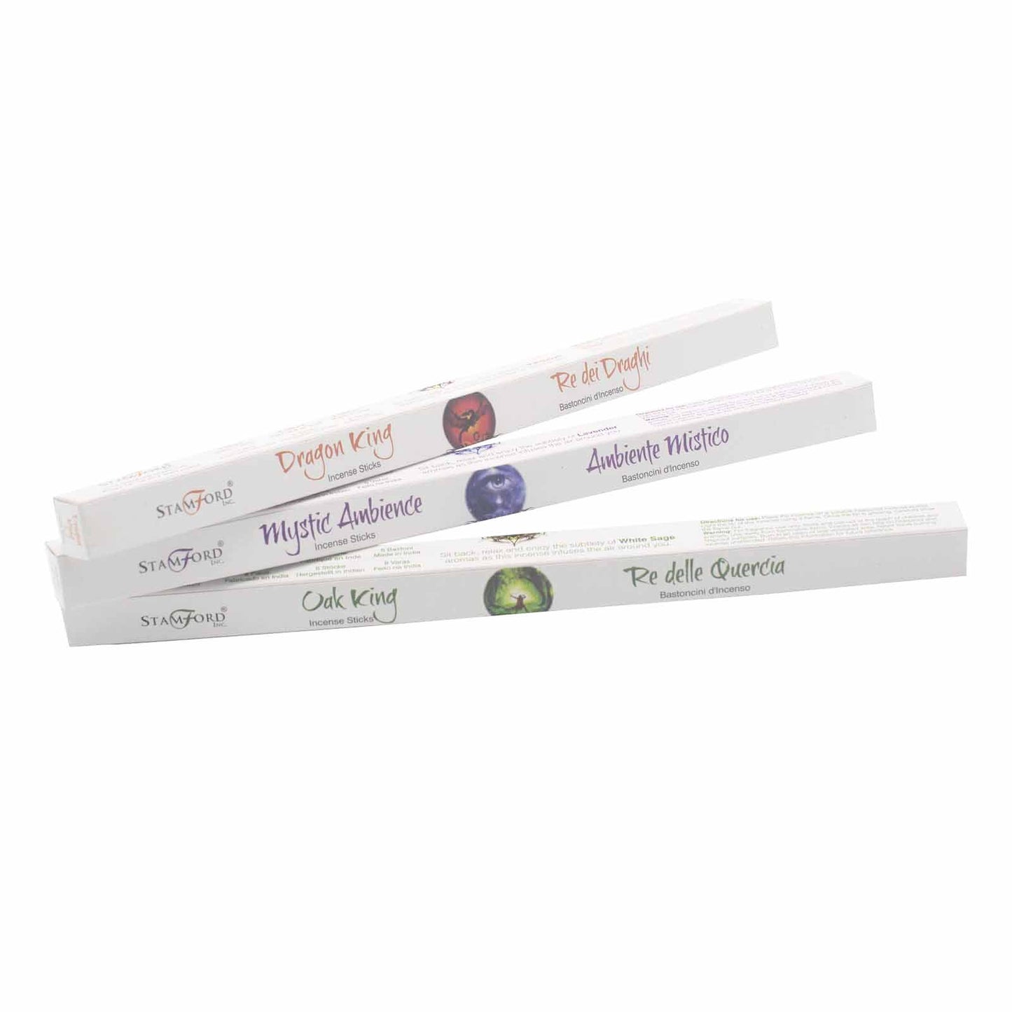 Three rectangular boxes contain incense sticks. Each box shows a design and text: "Dragon King," "Mystic Ambience," and "Oak King," with Italian translations. Arranged diagonally on a plain background.