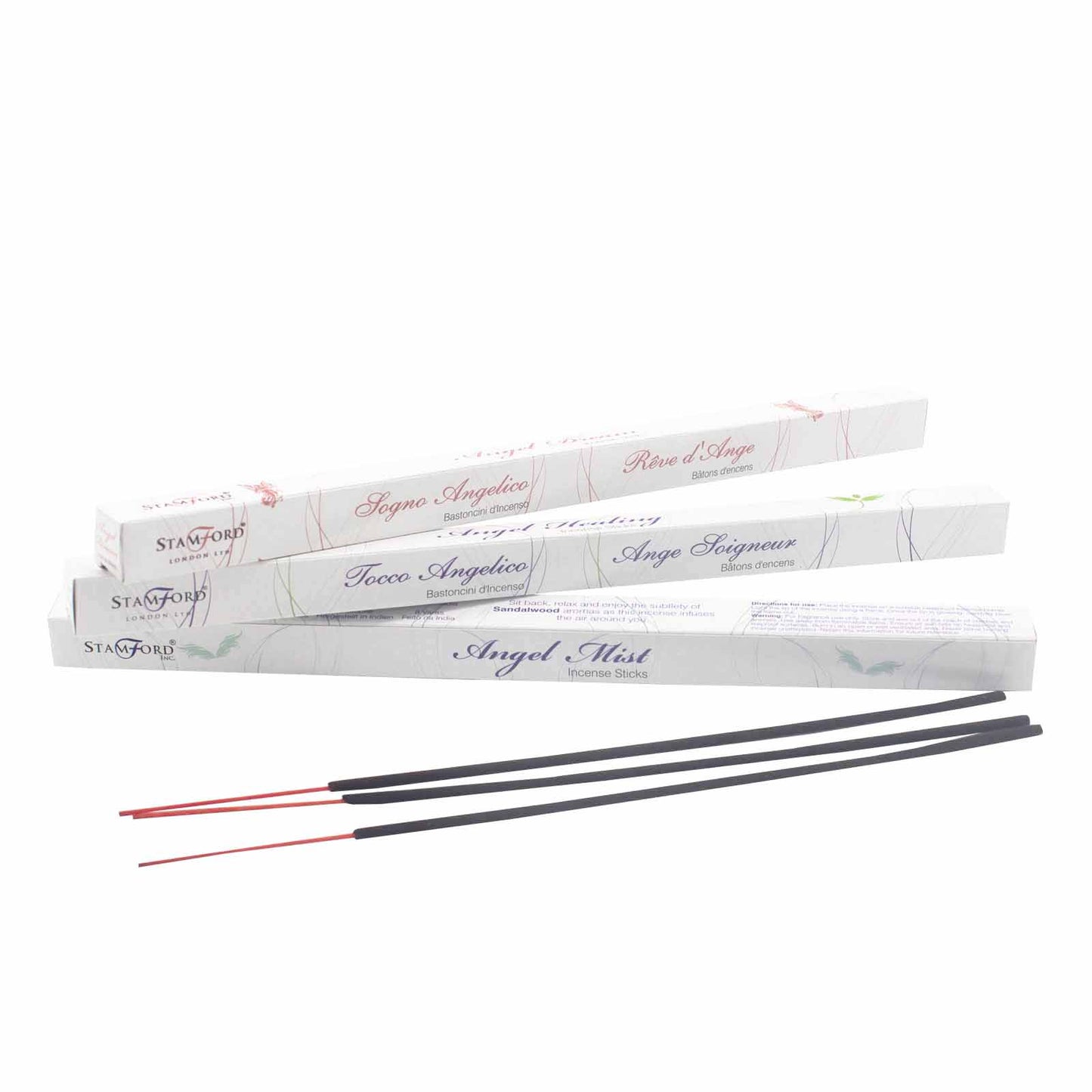 Incense sticks are displayed in front of overlapping white boxes labeled: "Sogno Angelico," "Rêve d'Ange," "Tocco Angelico," "Ange Soigneur," and "Angel Mist." The background is plain white.