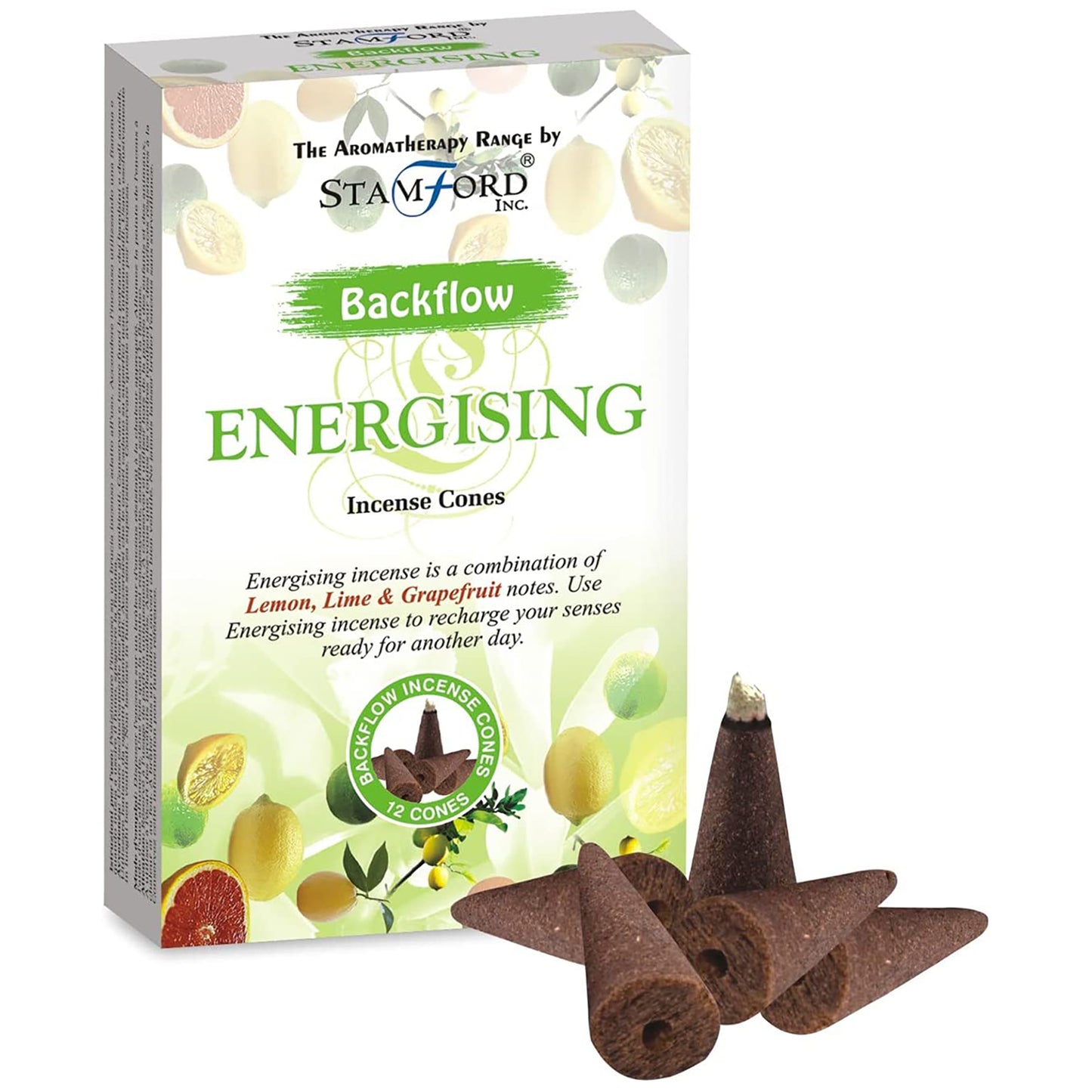 Box of incense cones labeled “Backflow Energising” by Stamford, featuring lemon, lime, and grapefruit imagery. Text describes the cones as a sensory recharge. Several brown cones are displayed in front.