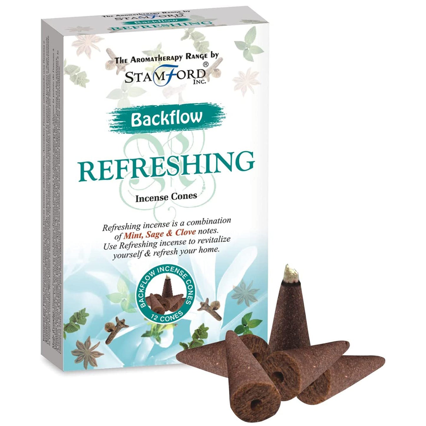 Incense cones rest beside a decorative box labeled "Stamford Backflow Refreshing Incense Cones." The box describes a blend of mint, sage, and clove, hosting 12 cones, promising revitalization.
