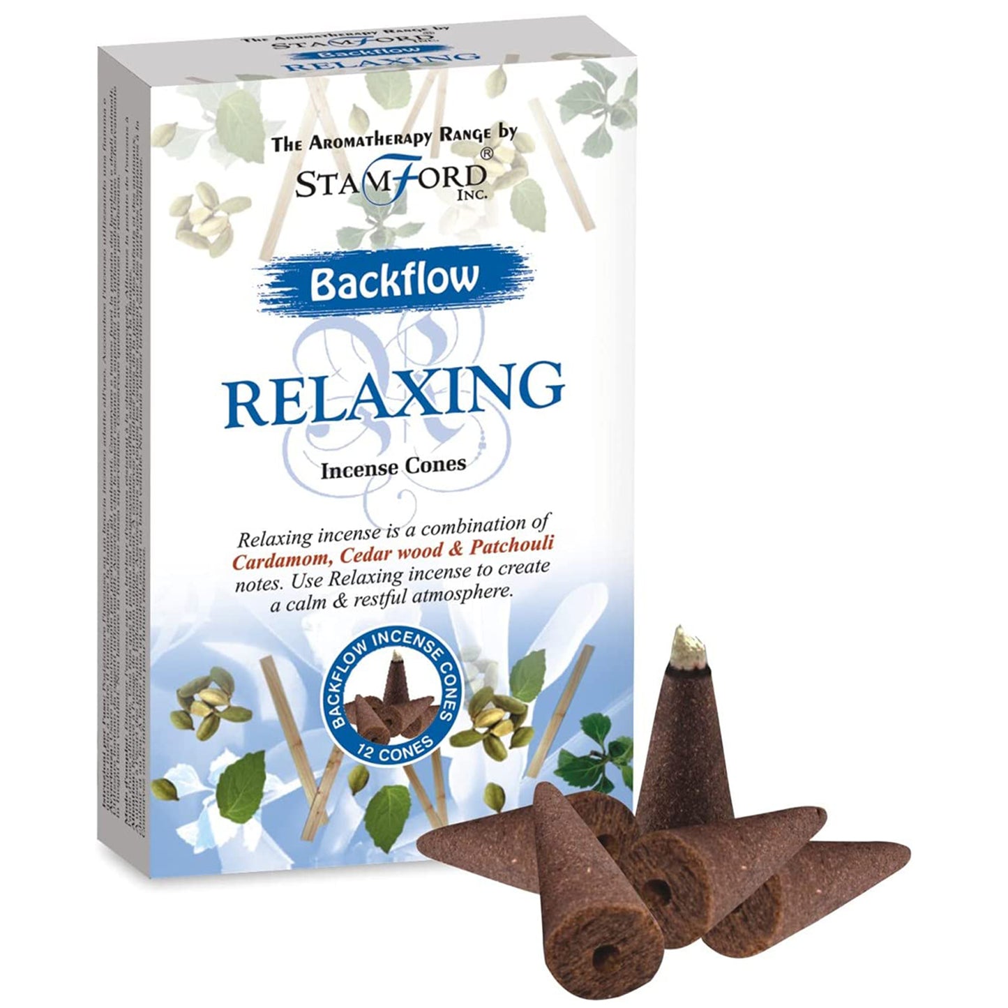 Box of backflow relaxing incense cones, featuring decorative leaves and sticks, is labeled with aromatic notes of cardamom, cedar wood, and patchouli to create a calm atmosphere. Contains 12 cones.