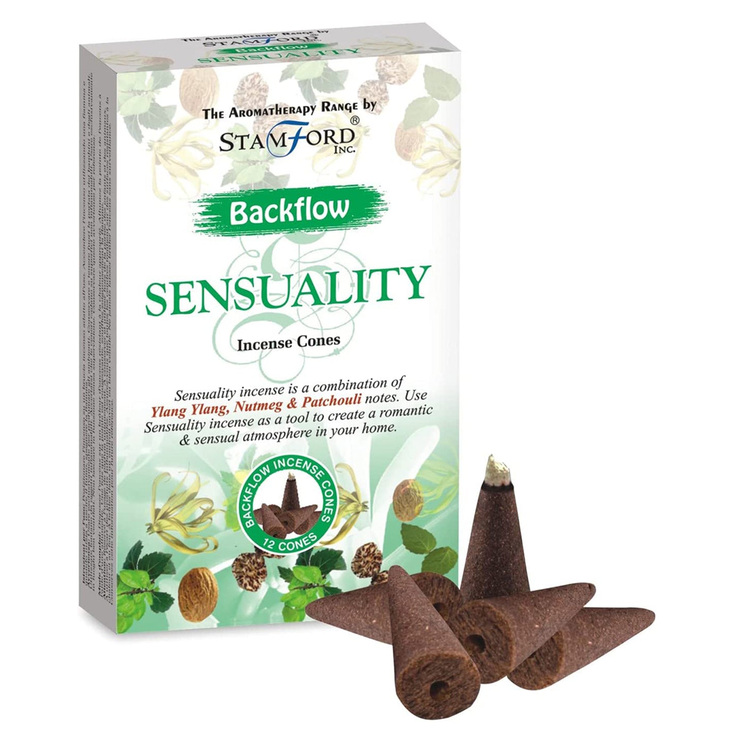 Incense cones are displayed next to their packaging, labeled "Backflow Sensuality Incense Cones" by Stamford. The packaging highlights aromatherapy ingredients: Ylang Ylang, Nutmeg, Patchouli, promoting a romantic atmosphere. Contains 12 cones.