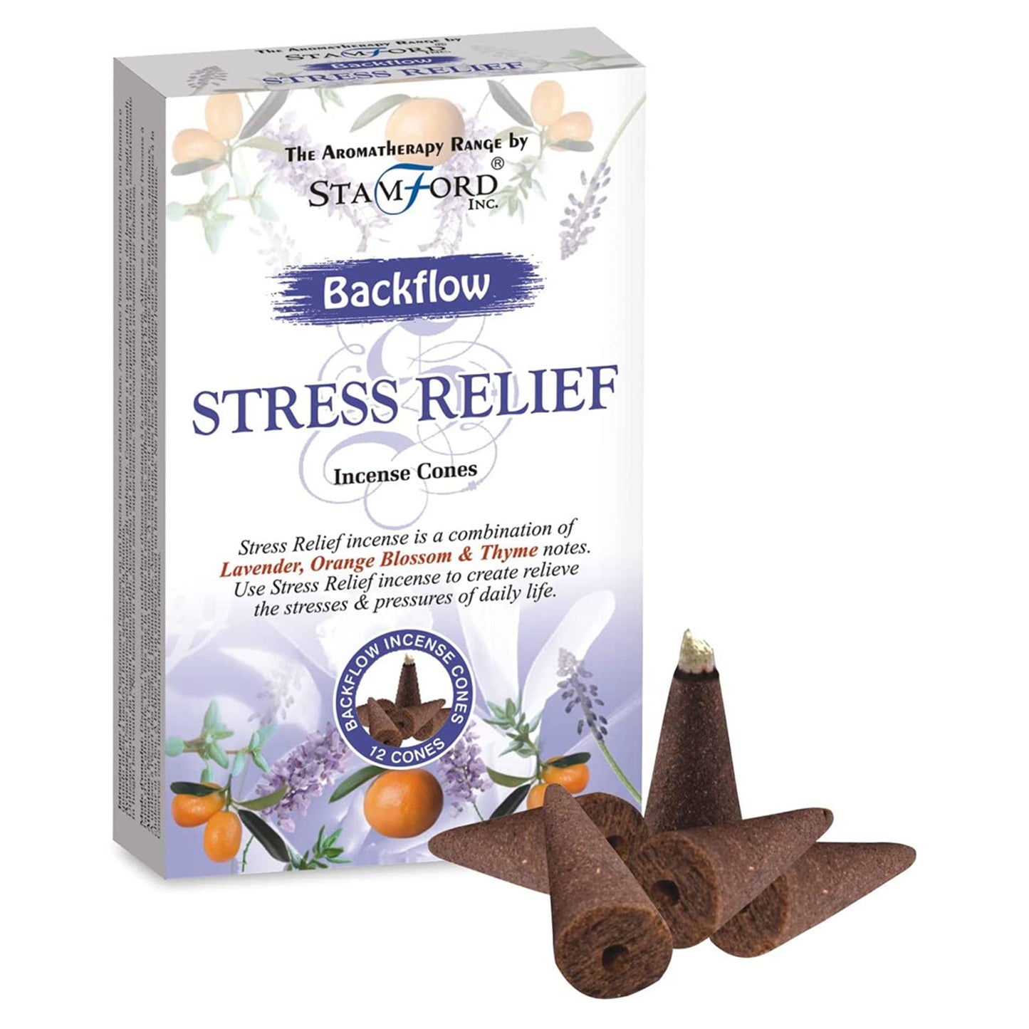 Incense cones labeled "Backflow Stress Relief" with lavender, orange blossom, and thyme notes sit in front of a decorated box. Text: "The Aromatherapy Range by Stamford Inc. Stress Relief incense is a combination of Lavender, Orange Blossom & Thyme notes. Use Stress Relief incense to create relieve the stresses & pressures of daily life. Backflow Incense Cones. 12 Cones."