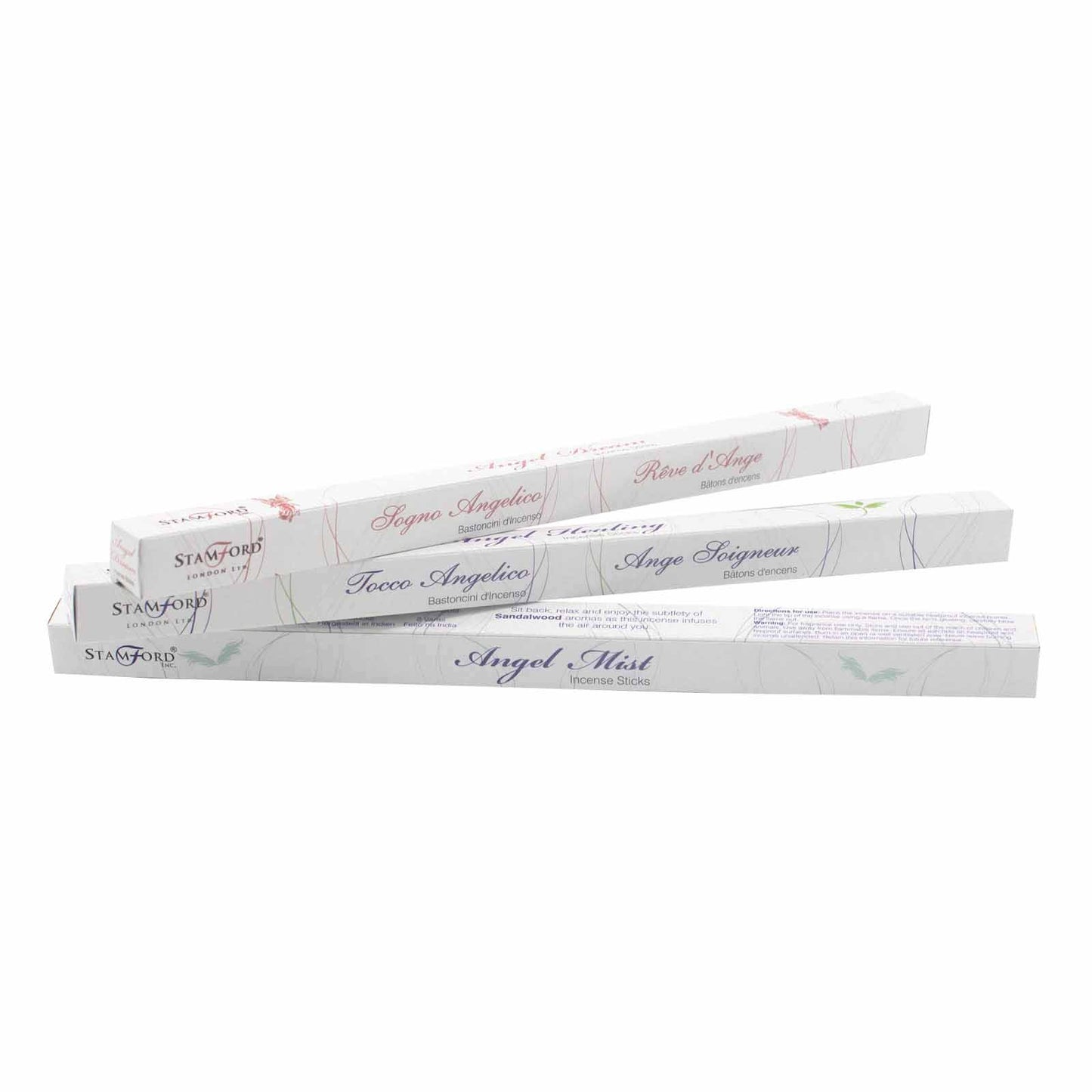 Three rectangular incense boxes labeled "Sogno Angelico," "Ange Seigneur," and "Angel Mist" lie stacked. Each has ornate designs and the brand "Stamford" visible, set on a plain white background.