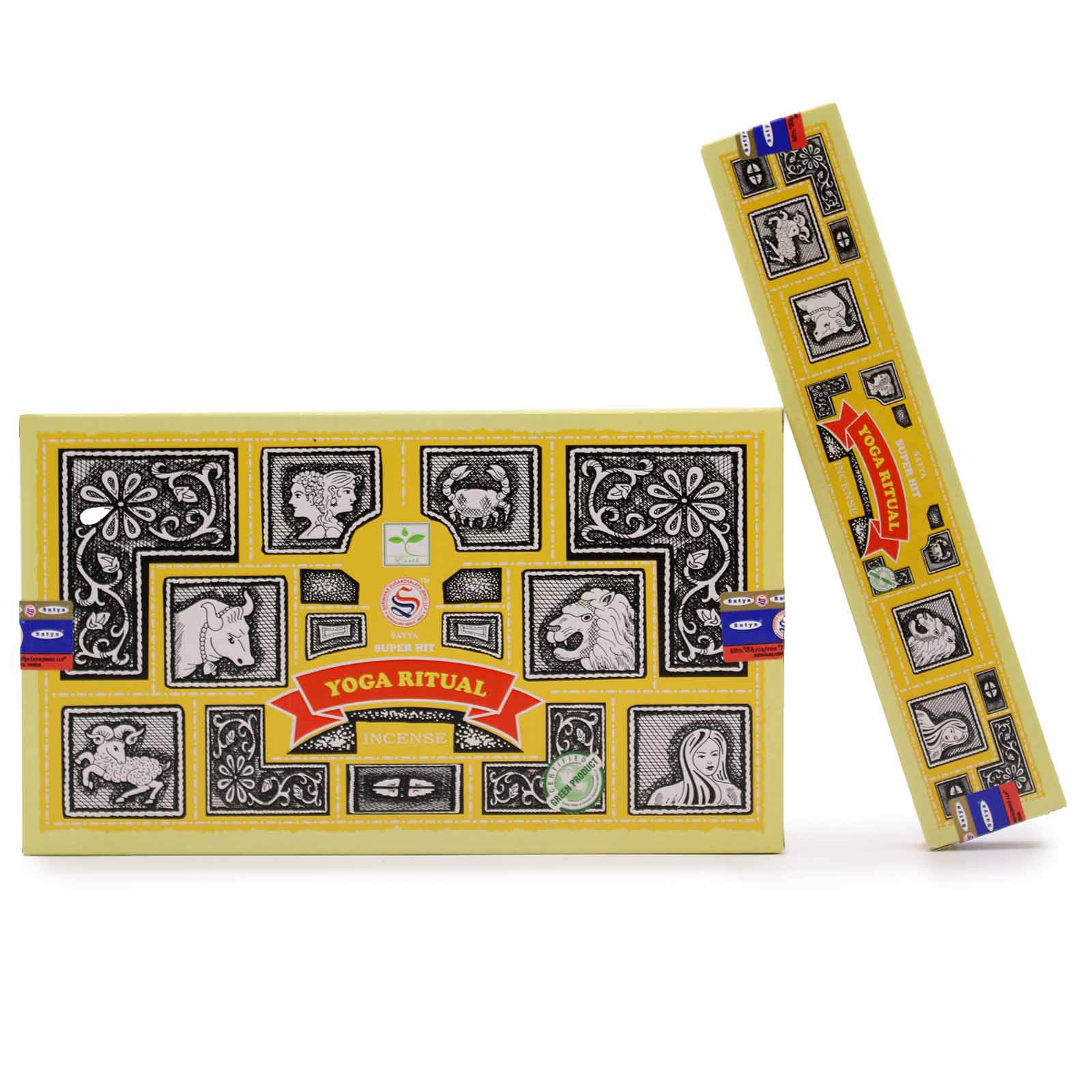 Incense packaging features a yellow background with black-and-white astrological symbols, labeled "Yoga Ritual Incense." A red banner highlights "Yoga Ritual," with "Satya Super Hit" and brand logos.