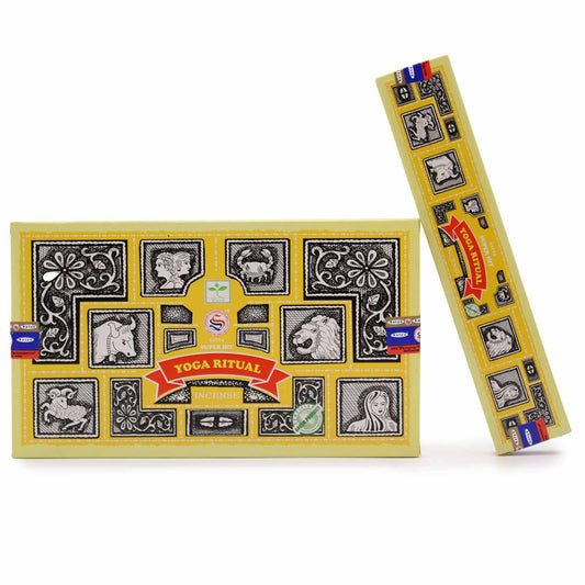 Incense packaging features a yellow background with black-and-white astrological symbols, labeled "Yoga Ritual Incense." A red banner highlights "Yoga Ritual," with "Satya Super Hit" and brand logos.
