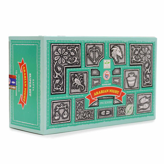A green box featuring intricate black-and-white designs houses "Satya Super Hit Arabian Night Incense." The text "15 incense sticks" appears on the side, with decorative symbols surrounding it.