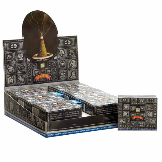 A display box with multiple small boxes of "Super Hit Dhoop Cones" featuring decorative zodiac imagery. The outer box reads "SATYA NAGCHAMPA" repeatedly along the base.