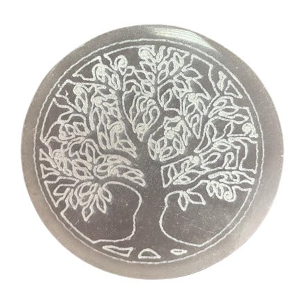 A pale, round stone displays an engraved design of a leafy tree rooted to the ground. The engraving is delicate and detailed.