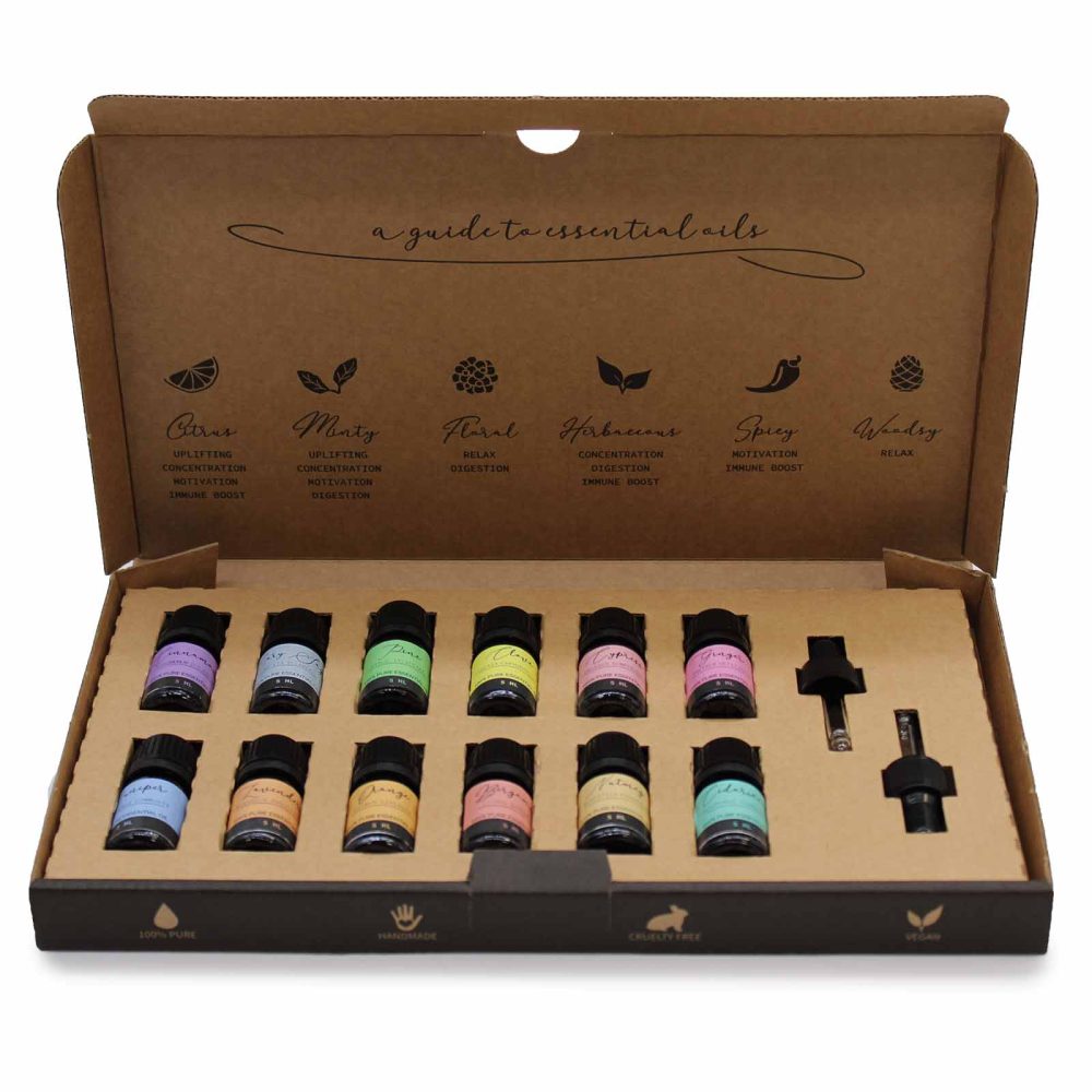 Bottles of essential oils are arranged inside a cardboard box labeled "a guide to essential oils," with scent category descriptions (Citrus, Minty, Floral, Herbaceous, Spicy, Woodsy). Text includes "100% Pure," "Handmade," "Cruelty Free," and "Vegan" on the bottom.