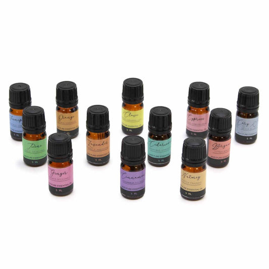 Multiple brown glass bottles of essential oils stand on a white surface. Each has a black cap and a descriptive label, some of which read “Pine 100% PURE ESSENTIAL OIL 5 ML”, "Lavender", "Ginger", "Cinnamon", "Nutmeg", and "Cary-O".