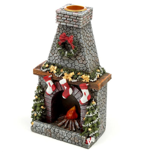 Christmas Fireplace Backflow Incense Burner 12.2×13.8×4 cm, resin backflow burner shaped like a festive fireplace creating cascading smoke effect for Christmas décor UK