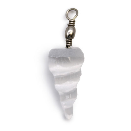 A selenite horn-shaped pendant is suspended from a metal loop and swivel, displayed on a stark white surface.
