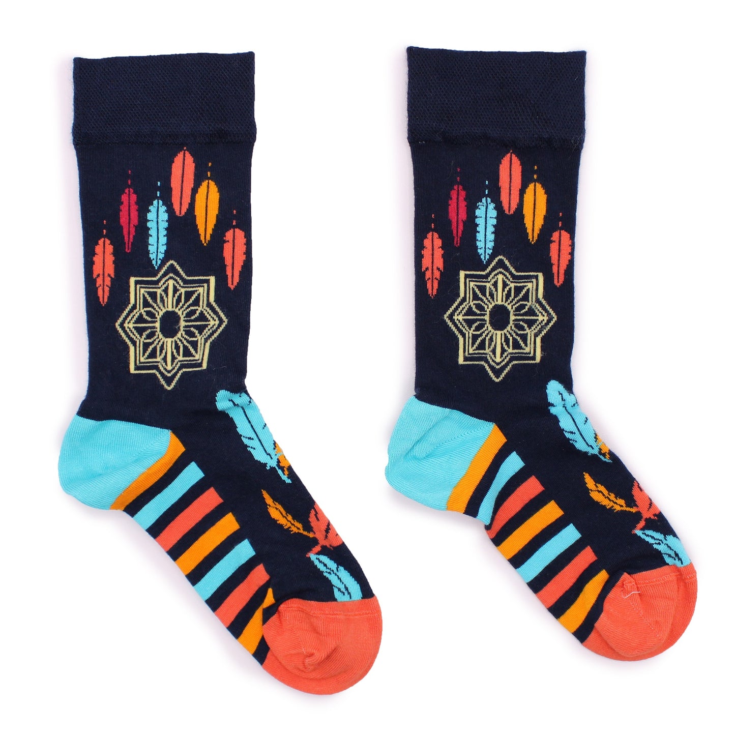 A pair of socks, featuring a navy base with colorful feathers and geometric designs, lies on a white background.