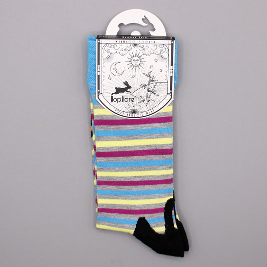 Striped bamboo socks with a rabbit design are displayed on a gray background; they are folded and attached to a header card.