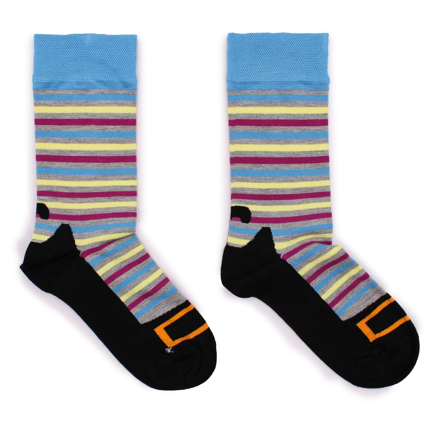 Two striped socks, lying flat, are displayed against a white background. The socks feature horizontal stripes of gray, light yellow, light blue, and purple.
