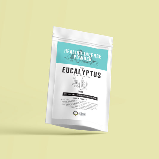 A white package labeled "HEALING INCENSE POWDER with EUCALYPTUS Essential Oil" displays an illustration of eucalyptus. It reads: "100 GR", "Seek acceptance - dealing with emotional pain", "Made in Indonesia," and "ANCIENT WISDOM."