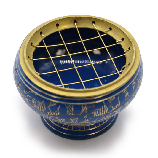 A blue ceramic incense burner features golden patterns and a brass grid atop, set against a clean white background.