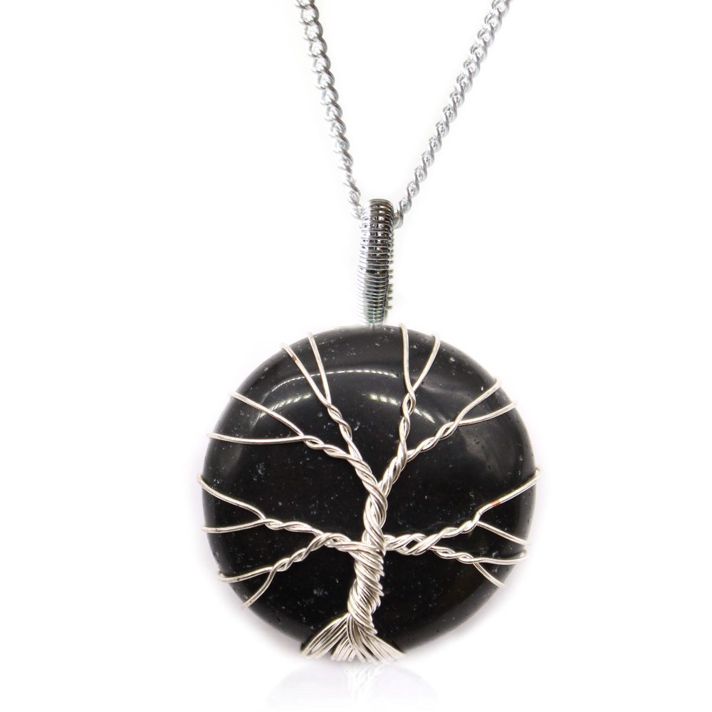 A pendant necklace features a shiny, black, circular stone with a silver wire-wrapped tree design on it. It hangs from a silver chain against a white background.