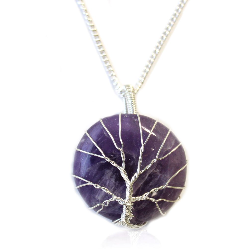 A silver chain holds an amethyst pendant. The round purple stone has silver wire wrapping shaped like a tree against a white background.