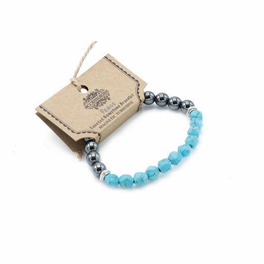 A stretch bracelet is displayed with a tag reading "ACCESSORIES Peace Faceted Gemstone Bracelet MAGNETIC TURQUOISE". The bracelet has turquoise, hematite, and silver-colored beads against a white background.