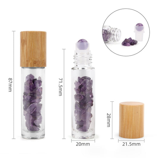 Glass roller bottles display amethyst chunks inside. The two on the left are sealed, while one has its top off. The image also includes dimensions: 87mm, 71.5mm, 20mm, 28mm, and 21.5mm.