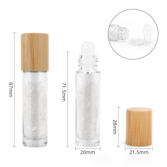 The image shows a clear glass roller bottle with wooden cap standing on a white background. Measurements are noted: 87mm height for the bottle with the wooden cap, 71.5mm height and 20mm width for the bottle without the cap, and 28mm height and 21.5mm width for the cap.