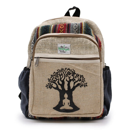The hemp backpack displays the logo "AW Himalayan made with pure hemp," and features a silhouette of a tree with a meditative figure at its base. The backpack sits on a white background.