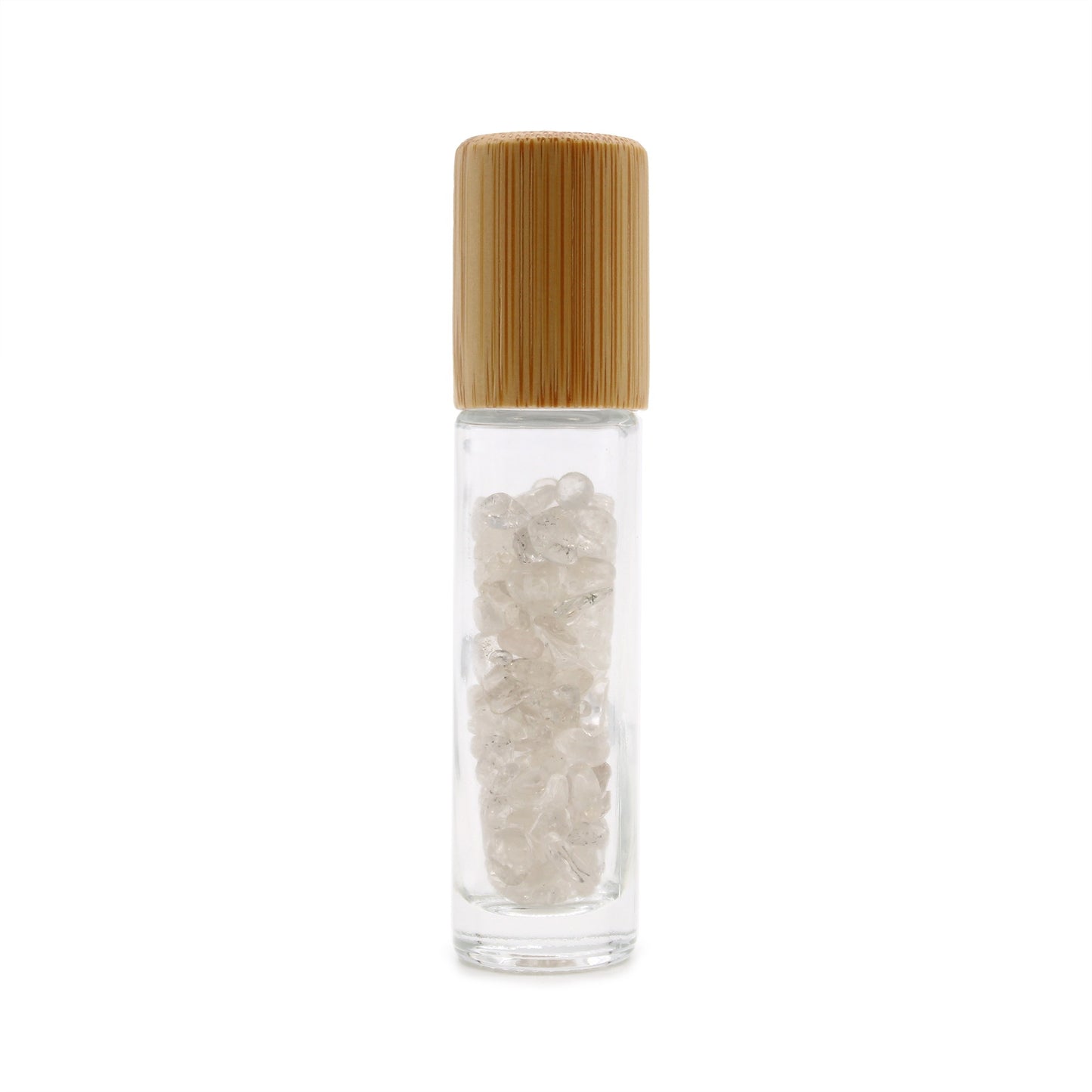 A clear glass bottle filled with white, tumbled gemstones sits upright. The bottle is sealed with a textured tan cap and rests on a white background.