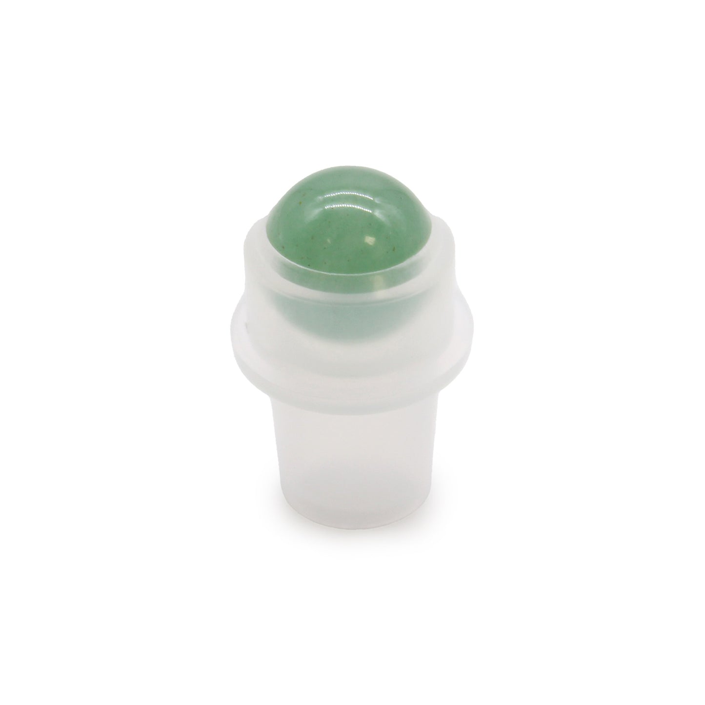 A semi-translucent plastic container holds a green, spherical rollerball on a white background.