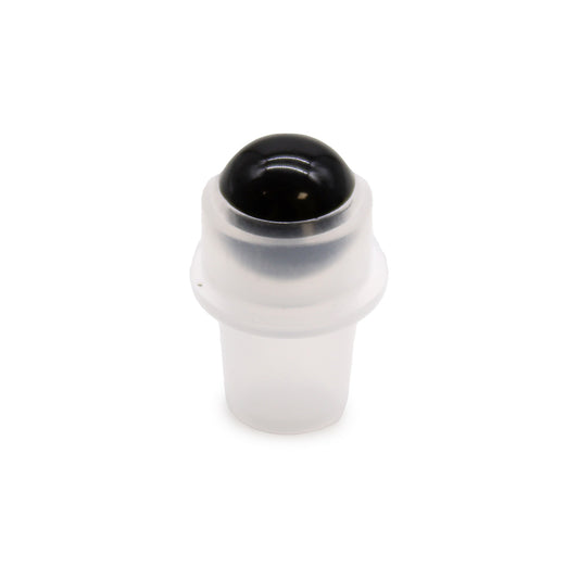 A small, black rollerball applicator sits atop a translucent, white container. The applicator is centered against a plain white background.