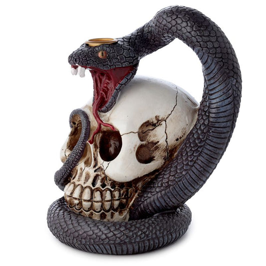 A sculpted black snake coils around a human skull, its mouth open and tongue extended, with intricate textures and dark detailing; set against a plain white background.