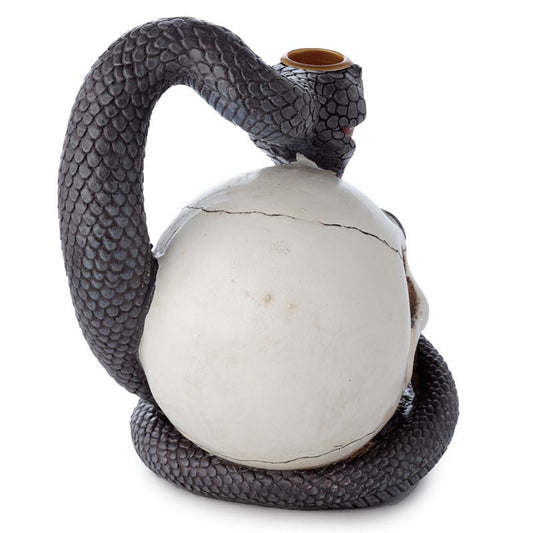 A dark, textured snake coils around a white skull, with its head resting on top, forming a handle-like structure. The setting is against a plain background.