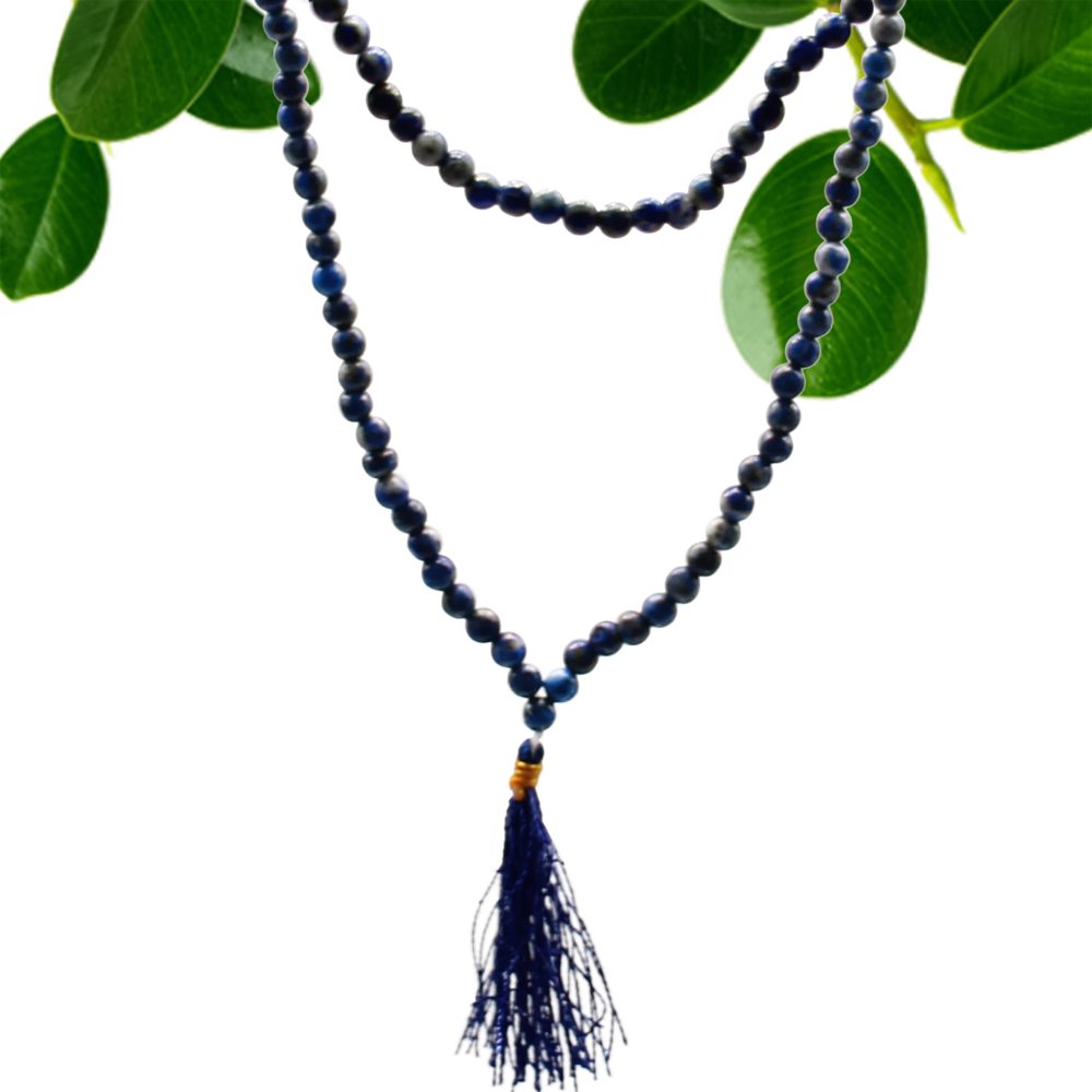 A beaded necklace hangs from a white background. A blue tassel hangs at the bottom of the necklace. Above the necklace are green leaves.