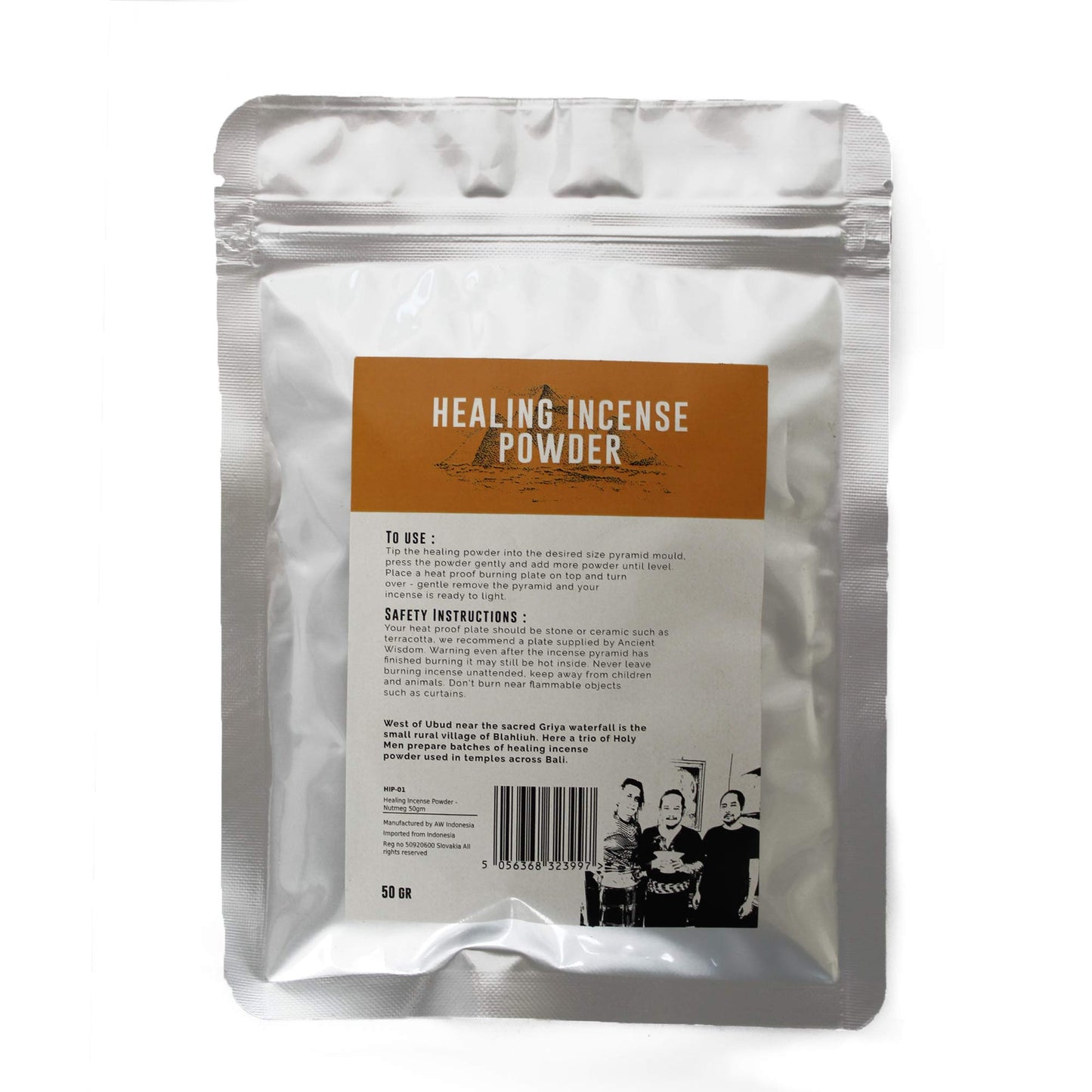 A silver packet labeled "Healing Incense Powder" features instructions and safety guidelines. It describes usage in temples around Bali, with a barcode and company details at the bottom.