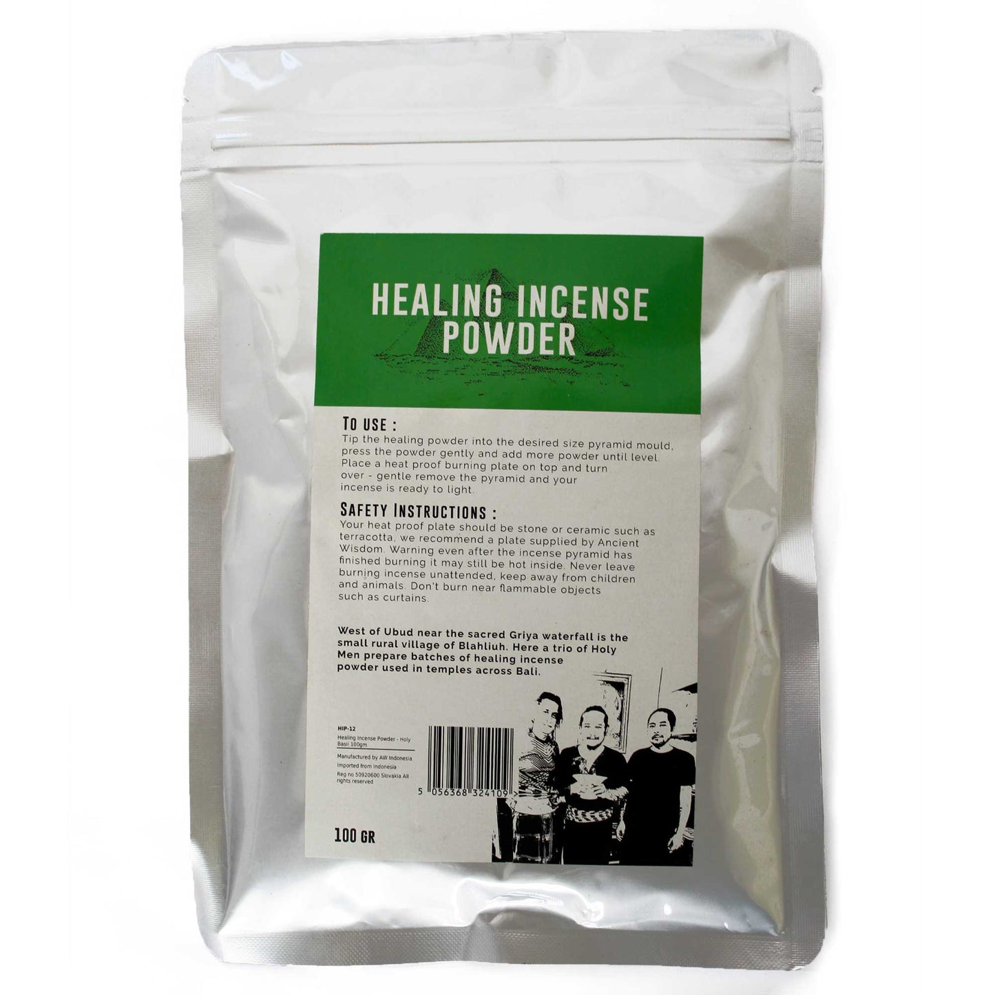 Silver package displays "HEALING INCENSE POWDER." Instructions detail pyramid molding and lighting method. Safety advice mentions avoiding flammable objects. Origin: village of Bhaluluh, Bali. Image of three men included. Weight: 100 GR.