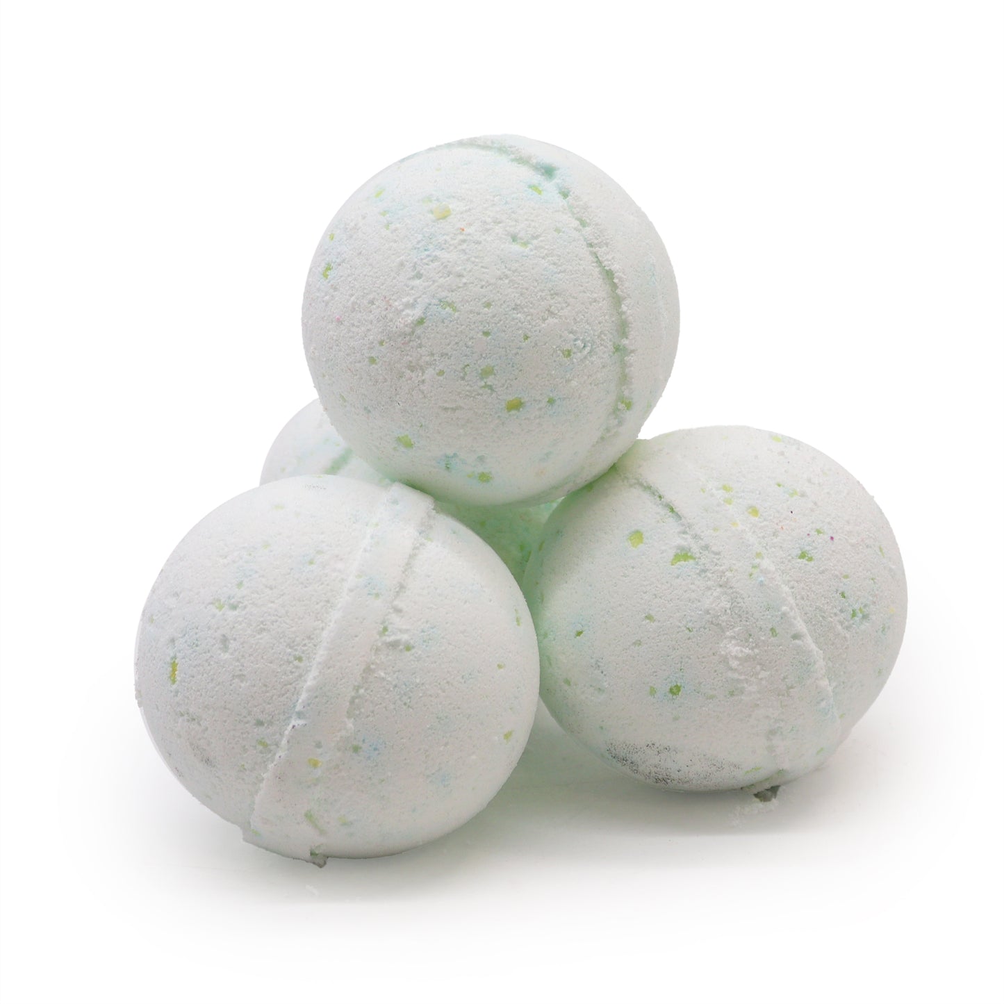 Four spherical bath bombs rest in a pyramid formation, displaying a white color with speckles of pastel green and blue, set against a plain white background.