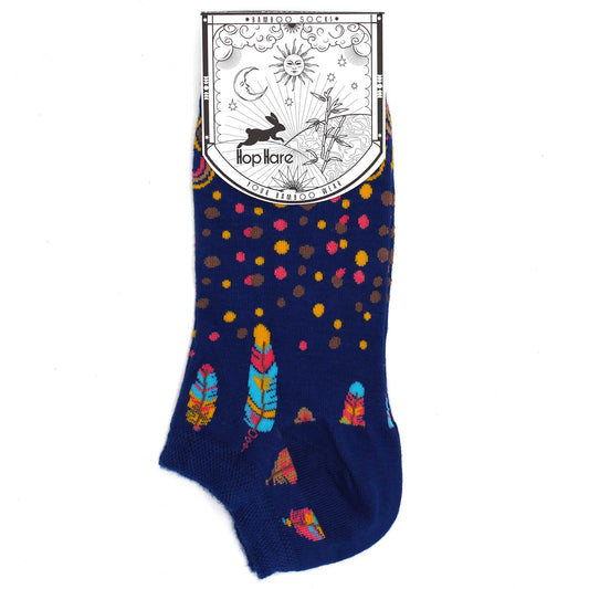 A pair of navy blue ankle socks, adorned with colorful dots and feathers, is displayed against a white background. The socks have a tag that reads "*BAMBOO SOCKS* Hop Hare YOUR BAMBOO WEAR".