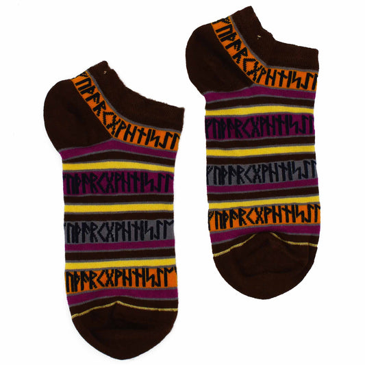 Two brown socks, striped with purple, gray, and yellow, and featuring a repeated dark pattern, are displayed against a white background.